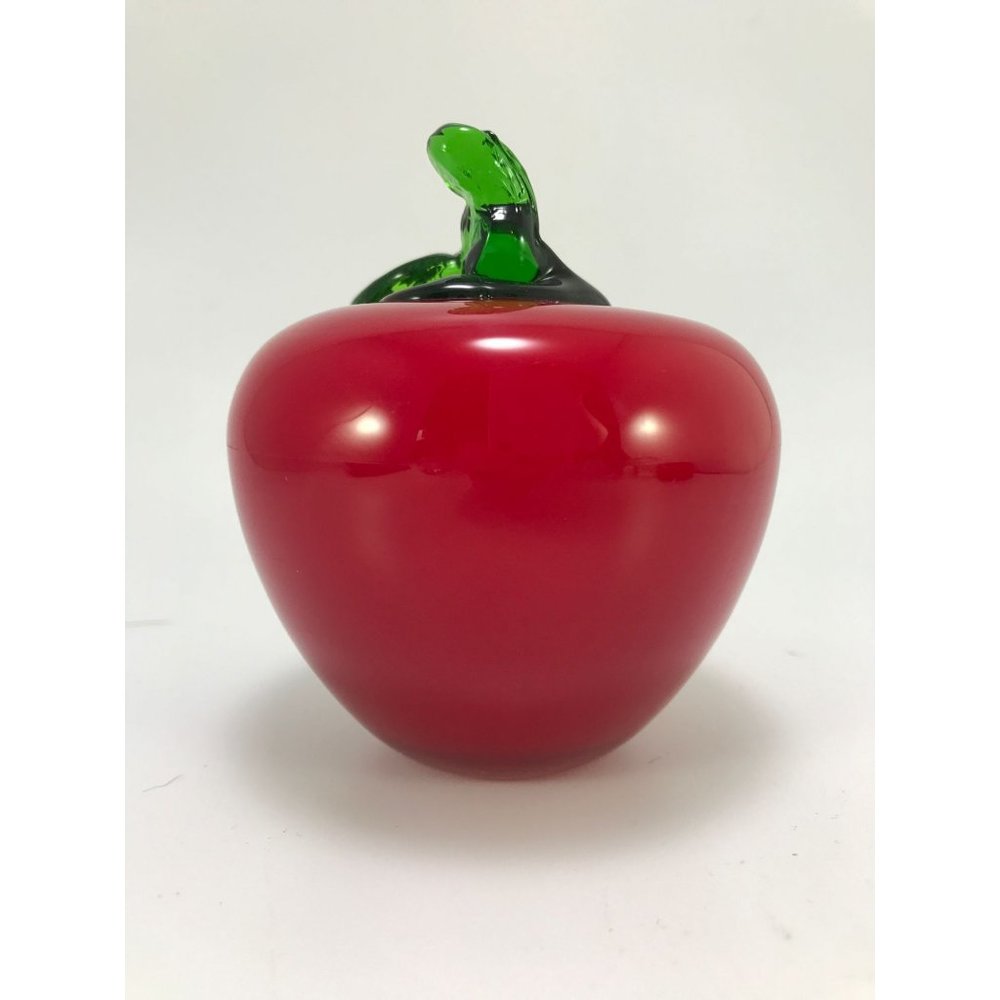 Handblown Art Glass Apple Paperweight with Attached Stem and Leaf - Picture 4 of 6